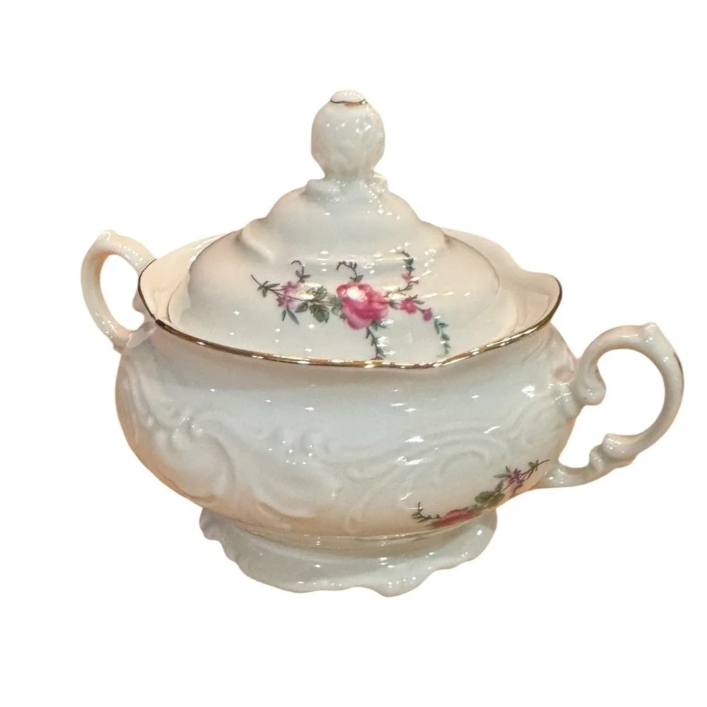 Wawel Vintage Porcelain Floral Sugar Bowl with Lid Gold Trim Pink Roses Embossed